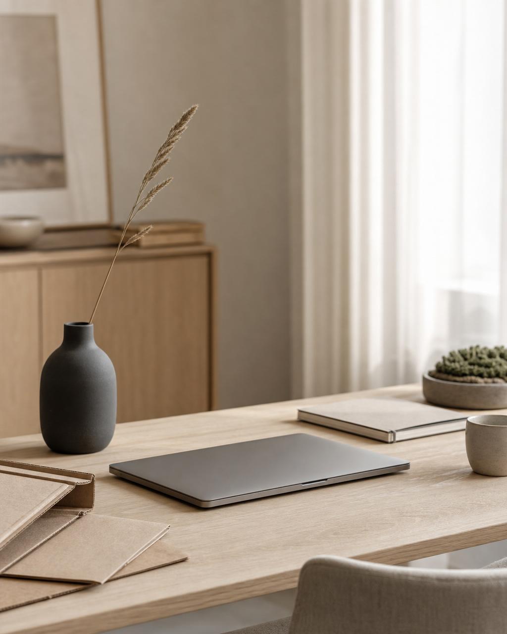 A quiet Scandinavian workspace with a laptop and sustainable packaging materials